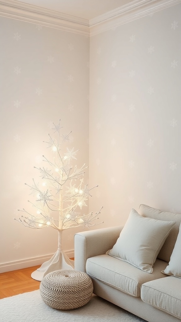 Minimalist Christmas Wallpaper Aesthetic Minimalist Christmas wallpaper with snowflakes in a cozy room decorated for the holidays.